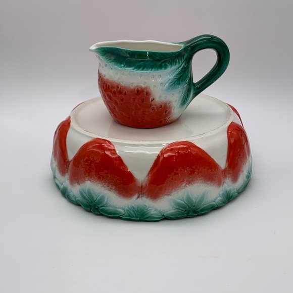 Vintage Mid Century 1950’s Majolica Salad Fruit Serving Bowl With 16 Oz Pitcher - Picture 7 of 16